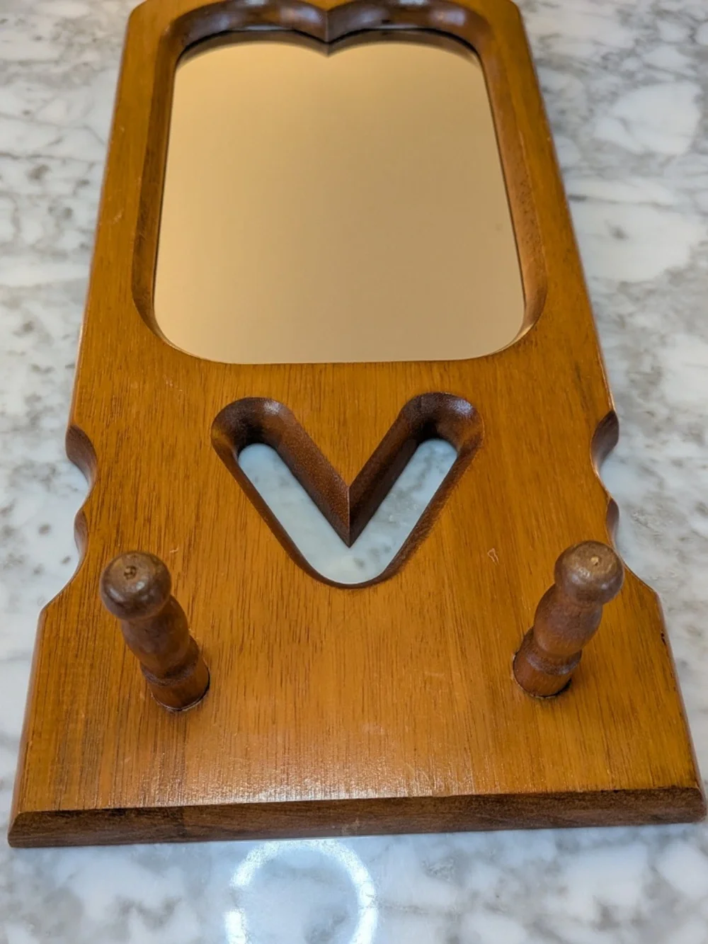 Vintage cut out Wood framed mirror Shaker peg hooks wall hanging